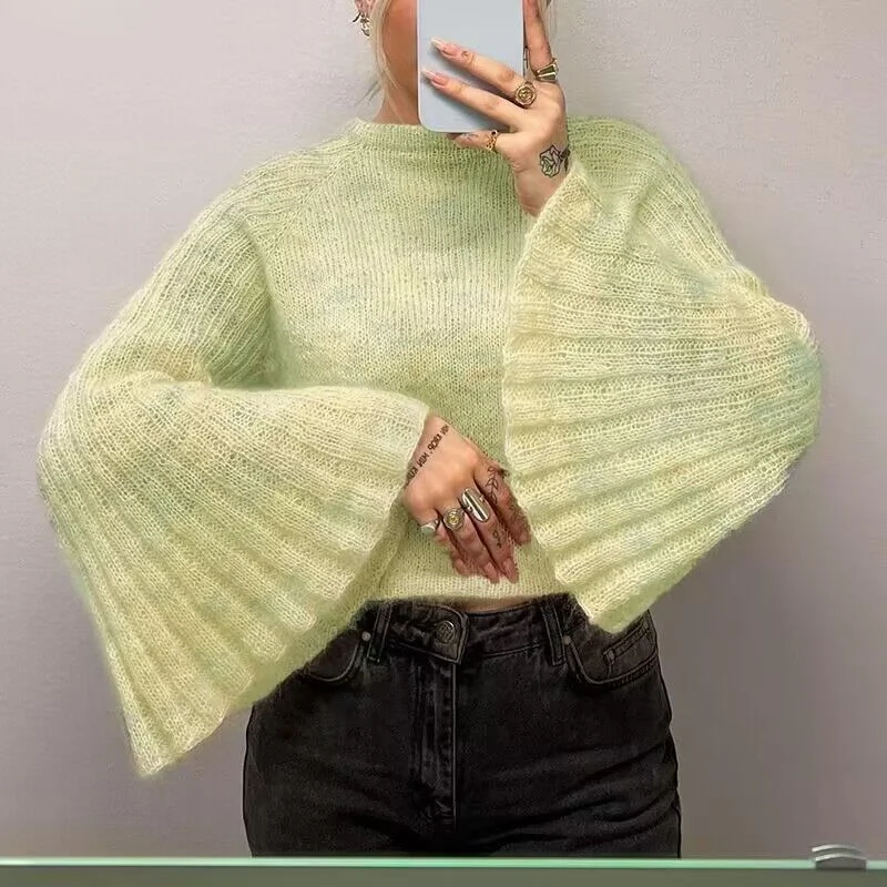 Znbbw Horn Sleeves Lazy Short Sweater Ins Fall's New Fashionable Commuter Blouse Women's Wear