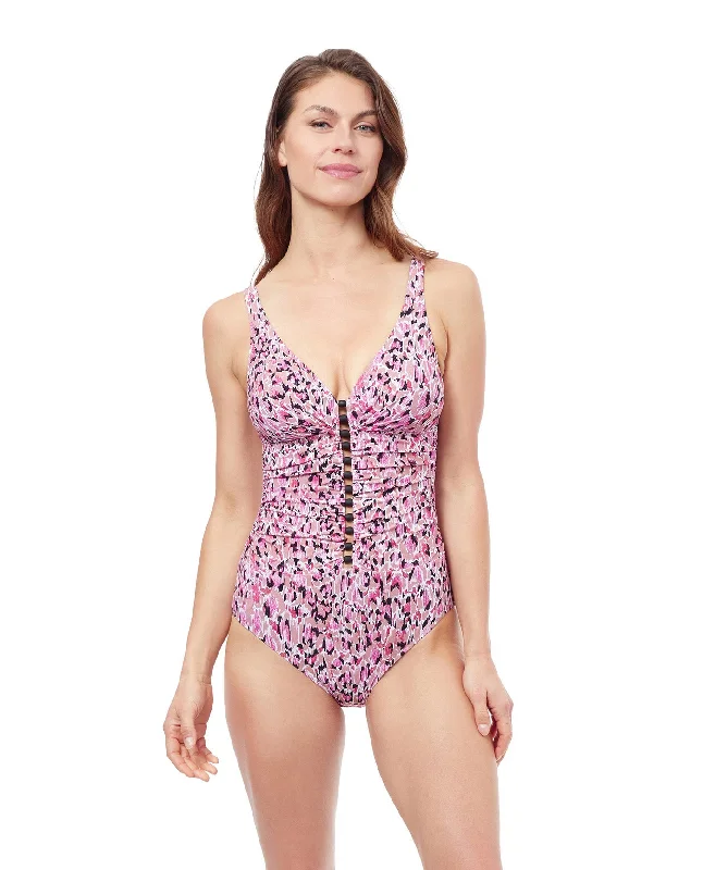 Profile By Gottex Pretty Wild D-Cup V-Neck Shirred One Piece Swimsuit
