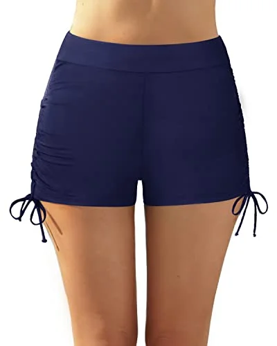 Ruched Bathing Suit Shorts Tummy Control Swim Shorts For Women Swimwear-Navy Blue