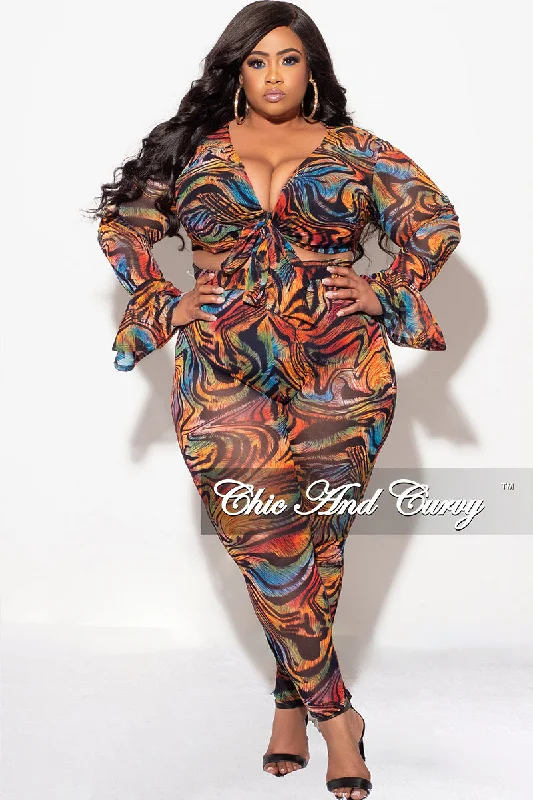 Final Sale Plus Size Sheer Bell Sleeve Tie Top and High Waist Pants Set in Multi Color Print Final Sale Plus Size Sheer Bell Sleeve Tie Top and High Waist Pants Set in Multi Color Print