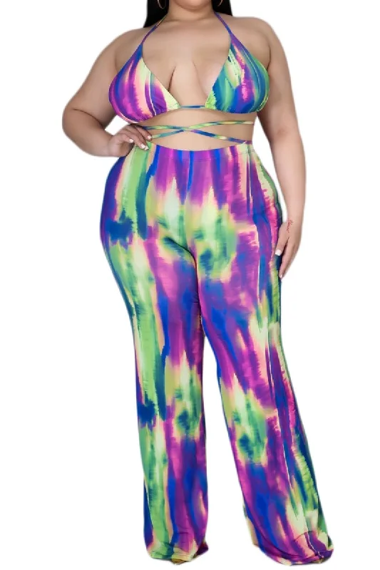 *Final Sale Plus Size 3pc Poolside Playsuit (Top, High Waist Bottoms & Pants) Set in Neon Watercolors *Final Sale Plus Size 3pc Poolside Playsuit (Top, High Waist Bottoms & Pants) Set in Neon Watercolors