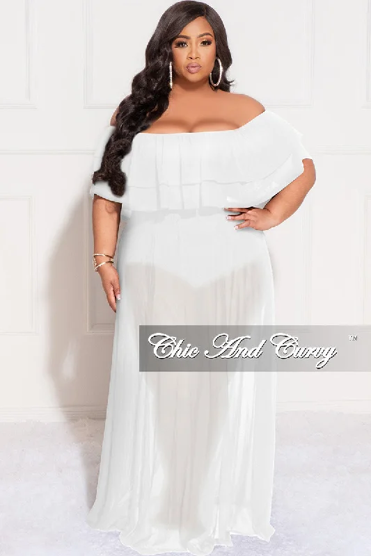 Final Sale Plus Size Off the Shoulder Mesh Ruffle Bodysuit Dress with Double Slits in White Final Sale Plus Size Off the Shoulder Mesh Ruffle Bodysuit Dress with Double Slits in White