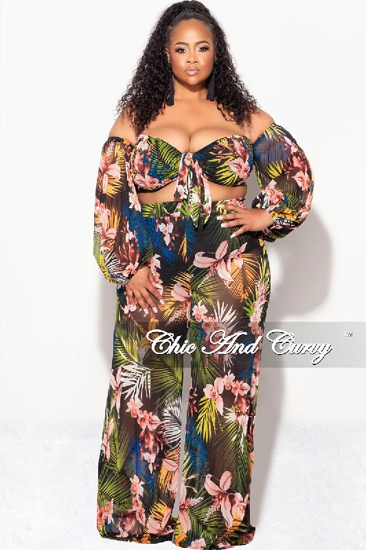 Final Sale Plus Size 2 Piece Mesh Set with Off the Shoulder Top & Pants Tropical Print Final Sale Plus Size 2 Piece Mesh Set with Off the Shoulder Top & Pants Tropical Print