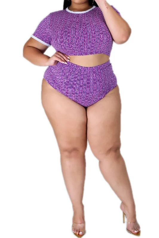 Final Sale Plus Size 2-Piece Poolside Playsuit (Top & Bottom) in Purple Puzzle Print Final Sale Plus Size 2-Piece Poolside Playsuit (Top & Bottom) in Purple Puzzle Print