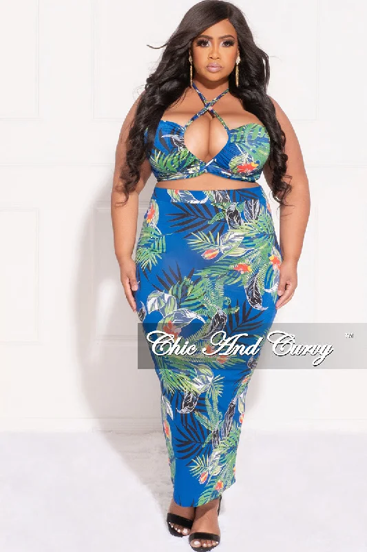 Final Sale Plus Size 2pc Halter Criss Cross Top and Skirt Set in Royal Blue Floral Multi Color Print Final Sale Plus Size 2pc Halter Criss Cross Top and Skirt Set in Royal Blue Floral Multi Color Print