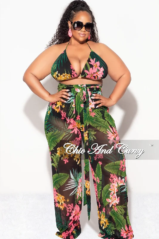 Final Sale Plus Size 3pc Poolside Playsuit (Bikini Top, High Waist Bottoms & Pants) Set in Black & Pink Floral Print Queen Final Sale Plus Size 3pc Poolside Playsuit (Bikini Top, High Waist Bottoms & Pants) Set in Black & Pink Floral Print Queen