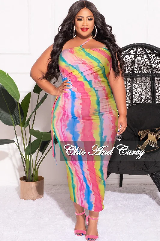 Final Sale Plus Size Double Strap BodyCon Dress with Cutout Side in Pink Multi Color Tie Dye Print Final Sale Plus Size Double Strap BodyCon Dress with Cutout Side in Pink Multi Color Tie Dye Print