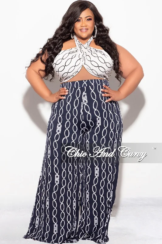 Final Sale Plus Size 2pc Set Black & White Self Tie Top & Pants in Navy & White Chain Print Final Sale Plus Size 2pc Set Black & White Self Tie Top & Pants in Navy & White Chain Print
