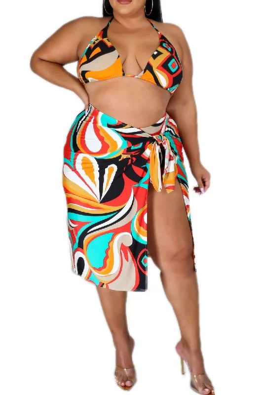 Final Sale Plus Size 3pc Poolside Playsuit (Bikini Top, Bottom & Skirt) Set in Multicolor Swirl Print Final Sale Plus Size 3pc Poolside Playsuit (Bikini Top, Bottom & Skirt) Set in Multicolor Swirl Print