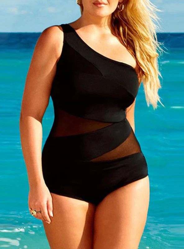 Black Mesh Inset Single Shoulder One Piece Plus Size Swimsuit