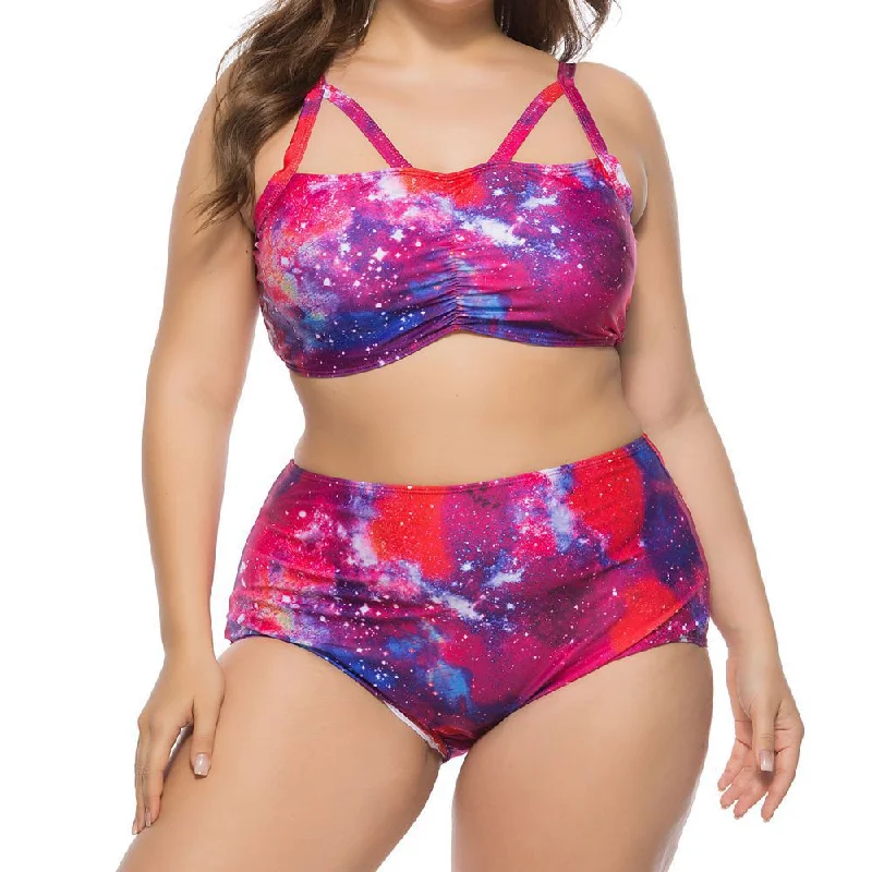 Women Plus Size Sexy Two Pieces High Waisted Galaxy Print Bikini Suspender Swimsuit