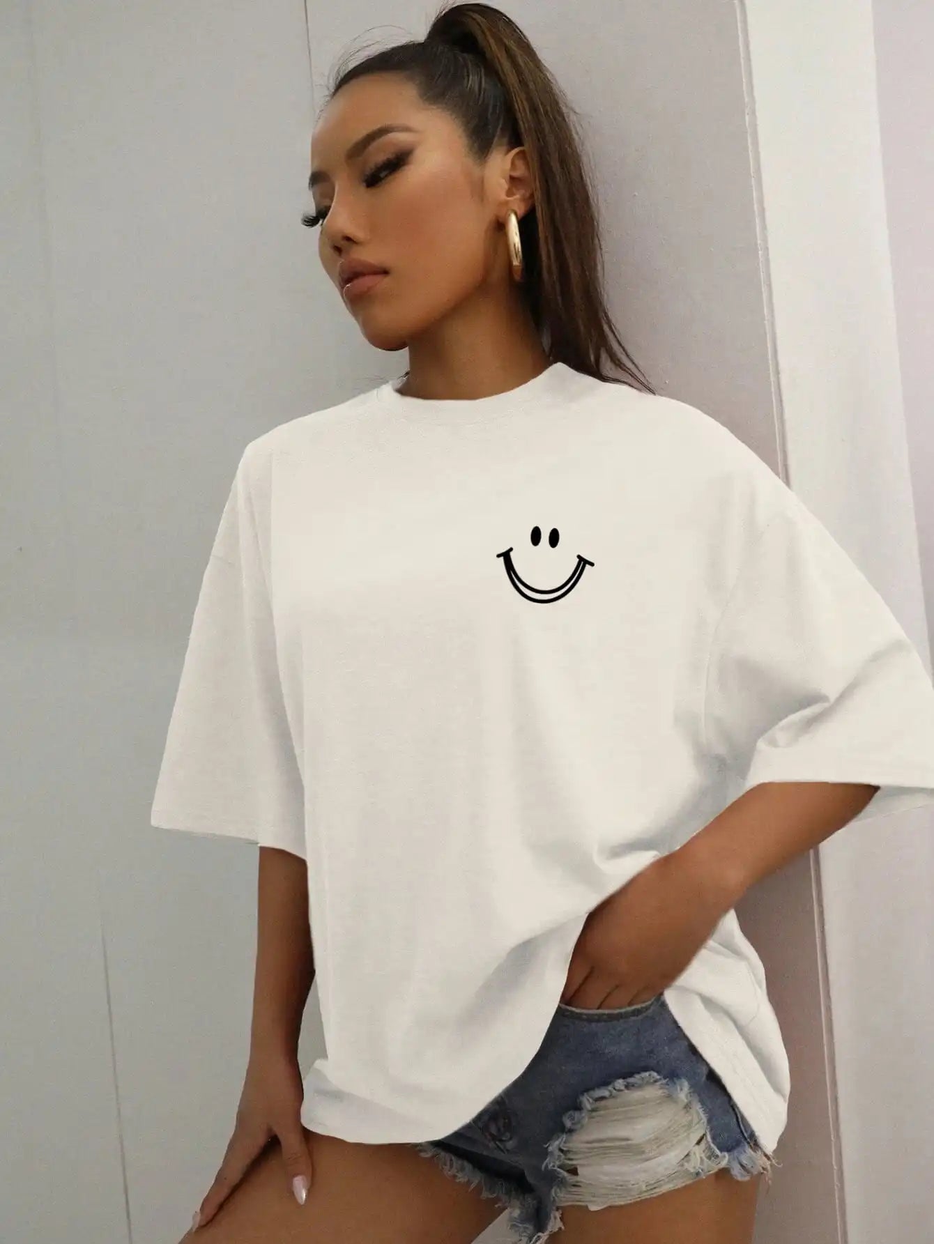 FZ Women's Happy Expression Printed Street Hip Hop Oversized Tee