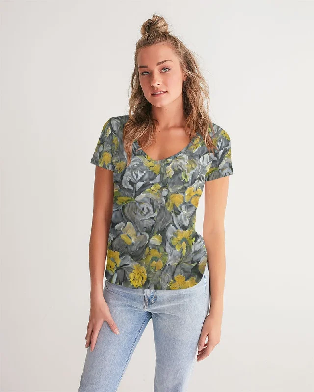 Orange and yellow and grey abstract design of Roses Women's V-Neck Tee