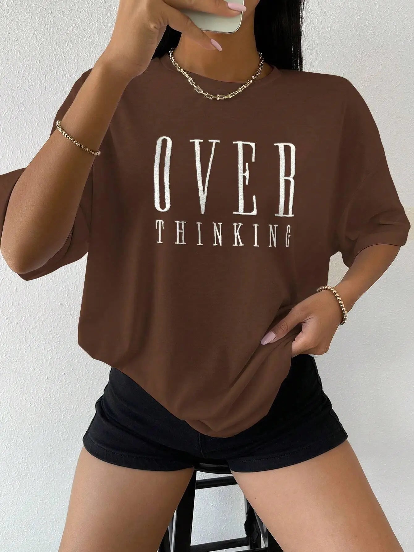 FZ Women's Over Thinking Letter Print Breathable Vintage Oversized Tee